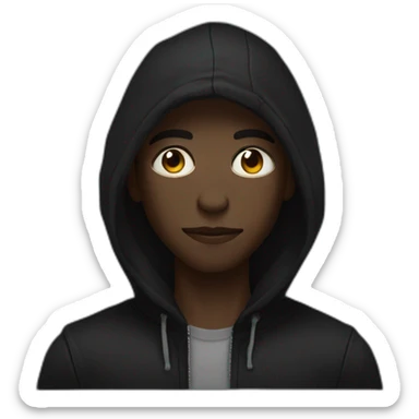 Makes a young black man of 19 with a dark look and moderately stretched eyes. Who wears a skull hood over his face. He also wears a black hooded vest. sticker