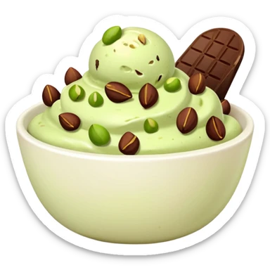 I want a emoji of pistachio ice cream with pistachio on top and some chocolate chips , make sure it’s in a bowl and aesthetic in a white bowl and make it look a little bit more green sticker