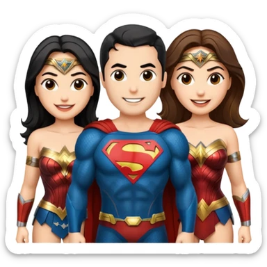 Justice League group pose featuring Flash, Wonder Woman, Superman, Aquaman, and Batman in emoji style sticker