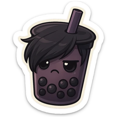 chibi sticker-style bubble tea with an emo vibe, dark colors, side-swept bangs, cute and exaggerated sticker