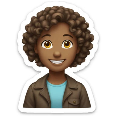 A girl with brown hair and brown eyes and curly hair saying hello sticker