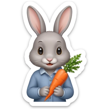 Gray rabbit holding carrot, cute smile, half body sticker