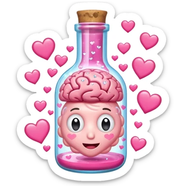A cartoon brain inside a cute glass bottle with pink liquid, labeled “obsessed”, with hearts and sparkles swirling around. sticker