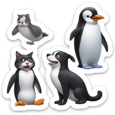 Penguin playing with dog and cat sticker