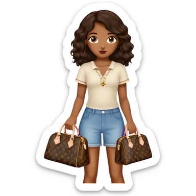  Brown girl with dark brown medium beach wavy hair carrying one Louis Vuitton purse on her arm while standing  sticker