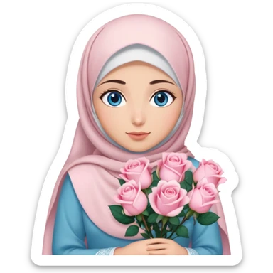 Turkish beautiful finish Konya girl blue eyes with hijab islamic dress and had on her hand light pink roses sticker