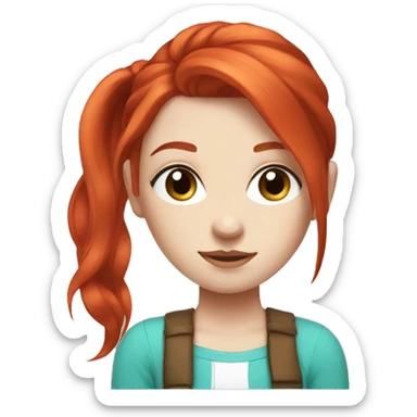 BRIGHT RED hair, skinny girl, turquoise eyes, double high ponytail, pale white face sticker