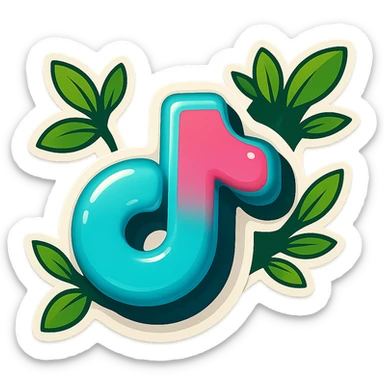 Replace the 'w' with a plump, rounded, cartoon-style TikTok logo. Maintain the same soft, puffy, glossy look with a bold outline, expressive shadows, and bright leaves around the logo. Ensure no sharp corners and no background. Match the reference style closely as shown in the provided image. sticker