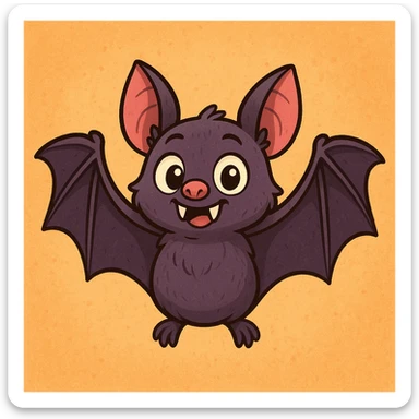 a cartoonish vampire bat, wings open wide, two sharp fangs visible sticker