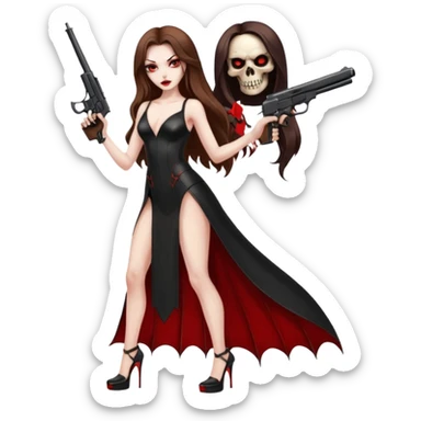 Lilith symbol red eye seductress evil long brown haired sexy succubus woman with leather long dress with slit on, sitting in Big Large F350 pickup truck. Platform high heels in feet. Back seat full of stacks of cash, she is  Holding a human skull of her enemies and a gun in other hand sticker
