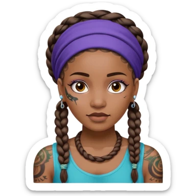 big lose braids starting from the top of the head woman face wiith big visible braids and mono color headband on head  face and braids as big as headband and lots and lots of face tattoos colored tattoos like a tattoo artist hair unique color sticker