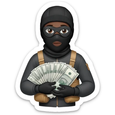 Ski mask holding bags of money with black face like skin color black sticker