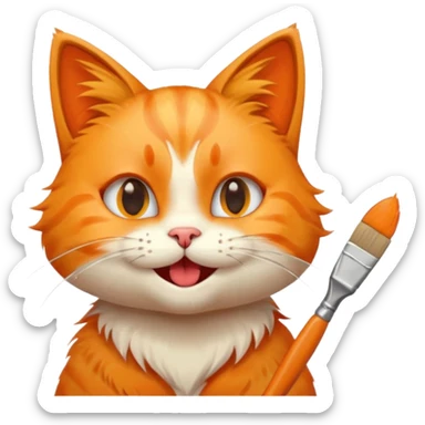 happy cat with a paintbrush in its mouth, playful expression, emoji style sticker