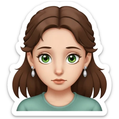 girl with gray-green eyes, brown hair, five earrings on one ear, two on the other, mole on cheek, expressive emotion sticker