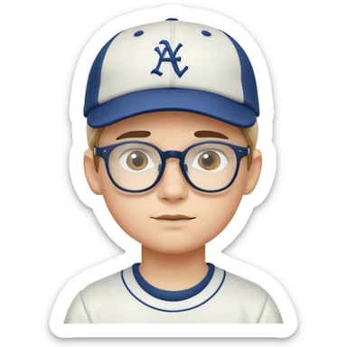 boy with glasses and baseball cap sticker
