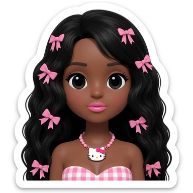 hello kitty necklace, doll eyes, Doll, big chest, dark brown skin, long curl black hair, black cute eyes, pink bows with cute lips sticker