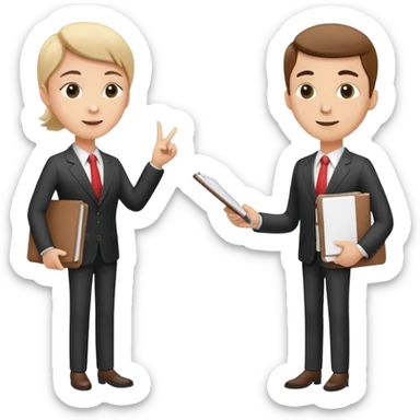 two team members facing each other, one holding a notepad and the other gesturing, in a collaborative pose sticker
