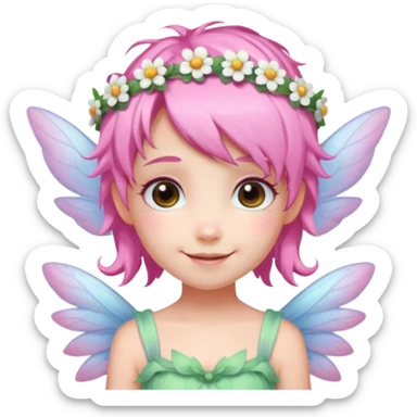 A tiny pastel fairy with pink hair with glowing wings and a sweet smile and tiny flower crown sticker
