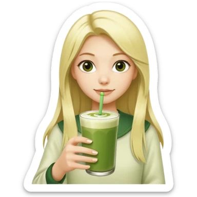 A blonde girl with long hair offers a glass of matcha latte with two straws sticker