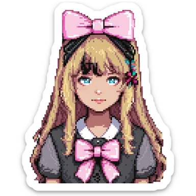 zombie girl with bangs, medium light hair and a pink bow sticker