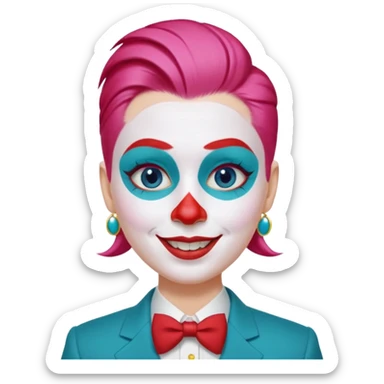 Pink slicked-back hair.

White face paint with blue eyebrows and eye makeup.

Big red nose and wide smile with red lipstick.

Wearing a teal suit with a yellow shirt and red buttons. sticker