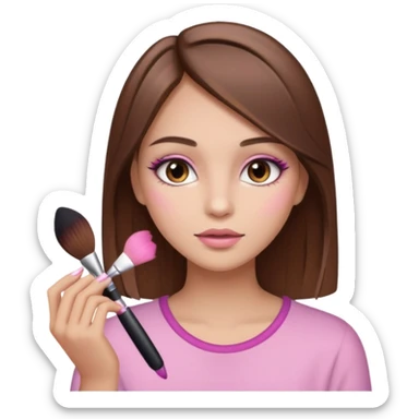 Light brunette girl, with straight brown hair with light pink highlights, putting on makeup sticker
