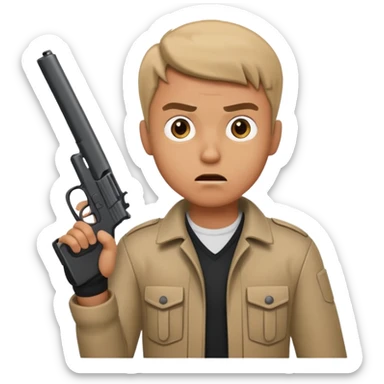 male rebel holding a gun, looking scared sticker