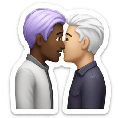 Two men kissing, one of them black, and the other white with lavender hair sticker
