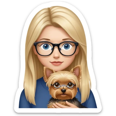 Hyper Photo Realistic Blonde balayage long hair women with blue eyes wearing glasses holding a Yorkshire terrier  sticker