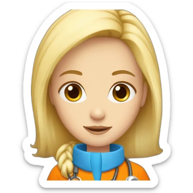 Blond girl with blue eyes and a orange doctors head sticker