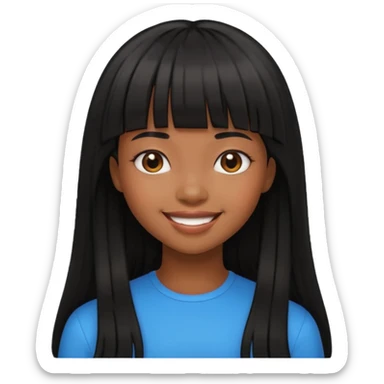 black girl with long black hair with bangs, happy sticker