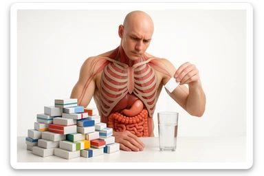 corpo umano con apparato digerente che  ha davanti a sè un tavolo bianco con sopra una montagna di scatole di farmaci, lui sta versando una bustina di un farmaco tipo l'oki in un bicchiere dio acqua per farla sciogliere, non fare che ha il dito sulla fronte, prendi solo spunto dallo stile grafico della foto che ho allegato, sfondo bianco, stile realistico, non disegnato, 4k sticker