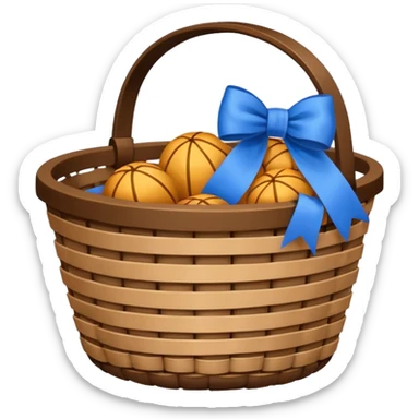 A basket with a blue ribbon on the handle sticker