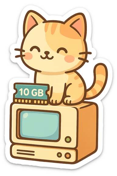 a cat sitting on a computer with a visible 10 GB memory chip, fun and colorful illustration sticker
