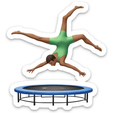 An athletic person soaring high above a trampoline, executing an acrobatic flip with perfect form. The scene captures motion and energy, with a dynamic pose, stretched limbs, and a focused expression. The background suggests a professional trampoline arena with safety padding. sticker