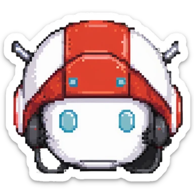 Red bomberman head only, round helmet with antenna, white face with determined eyes, pixel art style sticker