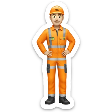 Caucasian male standing wearing orange hi visibility overalls  sticker