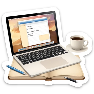 MacBook with booking app open beside vintage paper notebook and pen sticker