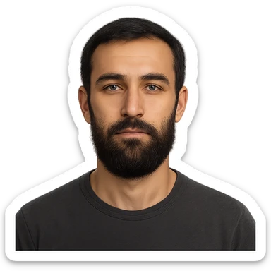 A Tajik man with a slender build, oval face, broad forehead, straight nose, expressive brown eyes, thick eyebrows, dark straight hair, warm-toned skin, and a bigger, neatly kept beard sticker