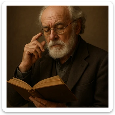 an elderly poet, round golden glasses, white beard, book in hand, intellectual and contemplative vibe sticker
