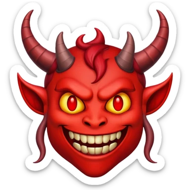 demonic emoji face with red skin, horns, and wicked grin sticker