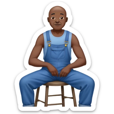 Old bald black man sitting on stool wearing overalls sticker