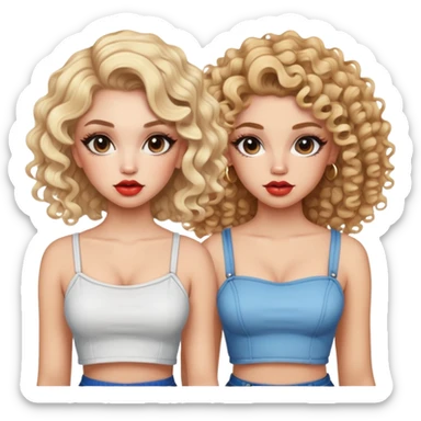 Two teenage girls together, one blonde and one with curly brown hair, both with heavy makeup, big lips, crop tops and choni style clothing sticker
