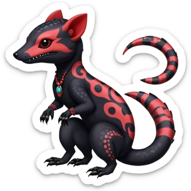 Rare warm-colored exotic gloomy tropical edgy cute epic aesthetic spooky black red gothic colorful Salandit-Noibat-Civet-species-Fakemon-hybrid-creature, with tribal tattoo markings, full body sticker