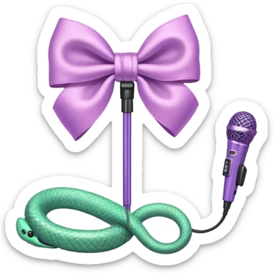 A pastel pink bow with a pastel green snake on the top of one side and a pastel purple microphone on the bottom of the other side sticker