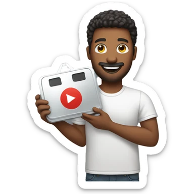 A man being happy holding youtube silver play button sticker