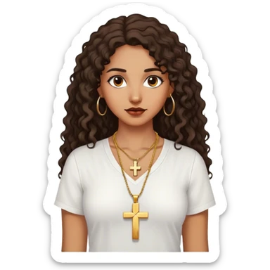 Brown woman with dark curly long hair white shirt with gold small cross necklace sticker