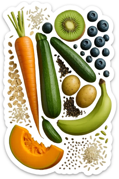 carota, fiocchi di avena, zucchine, kiwi, mirtilli, semi di chia, patate, banane acerbe, zucca, riso fluttuano in aria verticalmente, iperrealistici 4k sticker