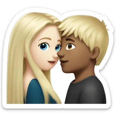 Girl with long back hair with bangs kissing boy with blonde hair blue eyes and white skin sticker