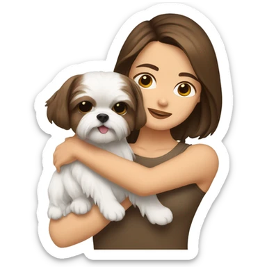 Brunette girl with brown short hair, hugging her Shih tzu white with gold ears sticker